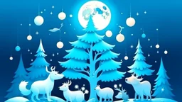 fantasy cartoon illustration: The Arctic animals beneath a full moon are decorating a Christmas tree