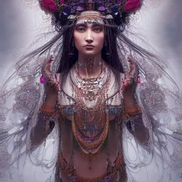 Insanely detailed photograph of an “portrait of gorgeous native goddess ” with intricate hair, intricate embroidered dress, beautiful clear face and hyperdetailed painting by Ismail Inceoglu Huang Guangjian and Dan Witz CGSociety ZBrush Central fantasy art album cover art,8K, hdr, romantic, mysterious, ominous, flowers, jewelry, comfort, natural eyes