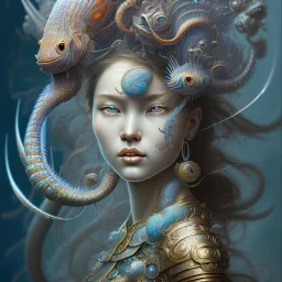 Sango fantasy, fantasy magic, intricate, sharp focus, illustration, highly detailed, digital painting, concept art, matte, art germ and Paul Lewin and Kehinde Wiley, masterpiece Indonesian lady head bronze lionfish Asian African girl nice breast Thai hair turquoise silver blue waves