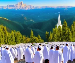 100,000,000 christian people and children dressed in white,God in jewish Temple in new Jerusalem, hills and valley in background