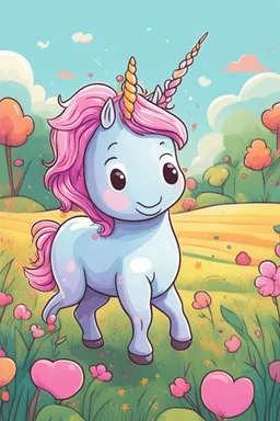 kids illustration, a cute unicorn playing in field, cartoon style, thick line, low details, vivid color