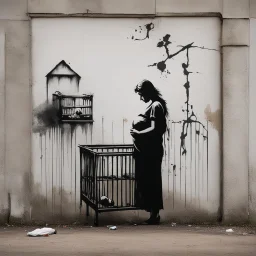 Banksy wall graffiti of a pregnant mother standing whistfully besides a crib, Style by Banksy and pejac, maudlin, moody