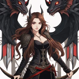 Icon or avatar. An arrogant looking young woman with pale skin and long brown hair in a fantasy setting with intricate details. She is smirking, wearing black and read leather, has red eyes, an air of malevolent power surrounds her. There is a dragon flying in the background. Anime style. High definition.