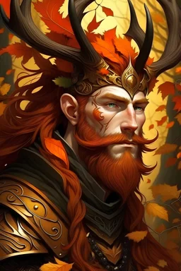 full beard autumn leaves zoom out large antler attached to head druid elf ears harvest warm background
