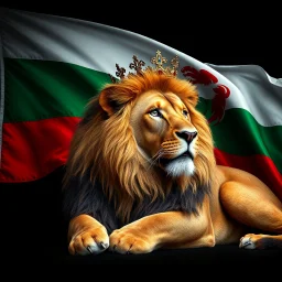 Create A hyper-realistic highly detailed image of a majestic lion lying down, wearing a royal crown. The lion's fur should be rich and textured, with a regal and powerful presence. Behind the lion, the flag of the Republic of Bulgaria waves gracefully, its white, green, and red colors vivid and well-defined. The background should be an elegant, deep black, creating a striking contrast that enhances the grandeur of the lion and the flag. The lighting should be dramatic, with