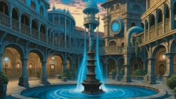 painting of a city with a fountain and a clock on the side, , 80s fantasy art, realistic painting of a resort, surreal concept art, background illustrations giger and jacek yerka