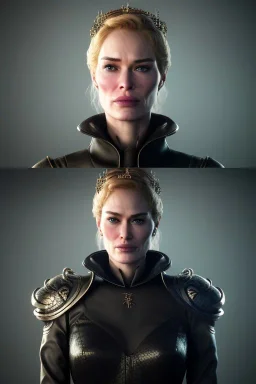 Cersei Lannister as evil queen in black leather, lena headay, leather, busty, cleavage, angry, rage, stern look. character design by cory loftis, fenghua zhong, ryohei hase, ismail inceoglu and ruan jia. unreal engine 5, artistic lighting, highly detailed, photorealistic, fantasy