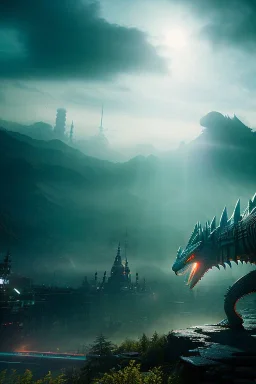 Kaiju, gloomy, 8k resolution, intricate details, ornate details, soft lighting, vibrant colors, retroanime, masterpiece, intricate eyeliner, dark eyeshadow, eyes, intricate tattoos, Modern city background