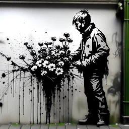 a person in love, flowers, style of banksy