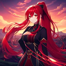 girl, masterpiece, best quality, cinematic lighting, detailed outfit, perfect eyes, red hair, red eyes, long hair, ponytail, landscape, in a fantasy world full of magic and mystery, inspired by miyazaki and akira, cel-shaded art style, detailed background with lush vegetation, neon-like elements and fog, vibrant colors and dramatic lighting,