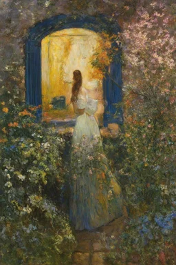 Night, vegetations, flowers, one woman, distant house, mistery, gothic horror films influence, gustave caillebotte, and gustave moreau paintings