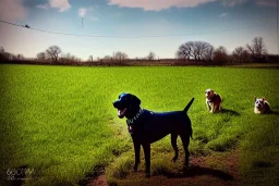 Photograph 60 mm lens. Technological singularity. Post-apocalypse utopia. Machine, fake smile, staring eyes. Milky white lay figures torso on the ground. Grass, mud. dirt. Dog sniffing the torso. An yard of a farm is in the Background. Mercury Puddles. Zoom. Background is fussy. Cyborg's torso is dirty.