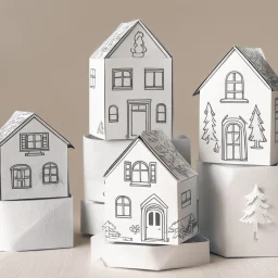 A picture of folded paper houses, the houses are surrounded by folded, cut paper trees, clean and serene vibe.