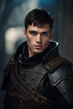 27 year old male with short dark hair and blue eyes, military captain, dark fantasy