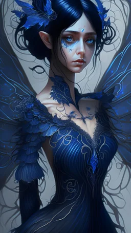 fairy, black hair, dark blue dress with white lines on arms, deep color, fantastical, fantasy concept art, Realistic image, 4k resolution, intricate details, ornate details, soft lighting, vibrant colors
