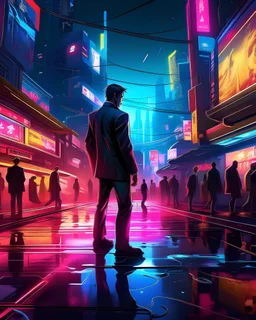 /imagine prompt: In a bustling, futuristic cityscape, a professional in a sharp business suit navigates the urban chaos in pursuit of their goals. The scene is set during the evening, with neon lights and holographic billboards casting a vibrant, cyberpunk glow on the surroundings. The professional, surrounded by a sea of faceless commuters, strides confidently through the crowded streets. The image should be rendered with a combination of sharp lines and diffused, atmospheric effects, capturing