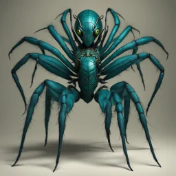 [photorealistic, greenish-blueish, half-woman] the Arachnomorph Queen, a monstrous hybrid that seemed to defy the laws of nature.Her upper torso was that of an elegant woman in revealing agent provocateur lace, but her lower body morphed seamlessly into a grotesque spider's abdomen. The eight spindly legs that supported her colossal form ended in razor-sharp pikes, glinting ominously in the dim light. The queen's eyes, like shards of obsidian, fixed upon the intruders with a malevolent intellige