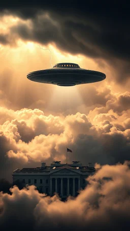 A ufo hovering above the pentagon building hovering above swirling clouds, emerges from the heart of a raging storm. Turbulent winds of steam swirl around the iconic structure, lit by shafts of sunlight that cast dramatic shadows on the A large UFO spacecraft hovering over the White House surrounding clouds. A storm rages and thunder lights up the dark sky,