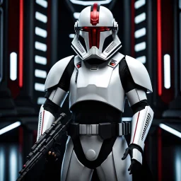 star wars bald male corellian pilot wearing pearlescent black and gunmetal grey First Order special forces heavy assault stealth commando armor and helmet with gold and red trim inside the jedi temple, hyperdetailed, dynamic lighting, hyperdetailed background, 8k resolution, volumetric lighting, light skin, fully symmetric details