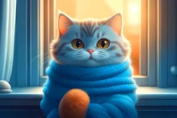 cute cat, fluffy, cheerful, large head, expressive eyes, smiling, cartoon, new year, warm colors, hyperrealism, warm knitted suit in warm blue, near the window, morning, winter, cozy living room