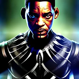 portrait, will smith in black panther suit, intense stare, dark forest, dynamic lighting, 8k, ultra detailed