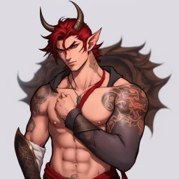 A Young Adult Male. A unique blend of Wood Elf and Red Tiefling features. His handsome face contrasts with the Yakuza dragon tattoos that completly cover his back, arms, and legs. He is wearing a torn coat. A physique that is strong and well-built, resembling a Fighter.