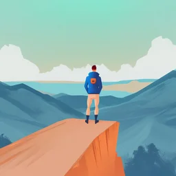 Un hombre mirando al infinito desde lo alto de una montaña, estilo ilustración