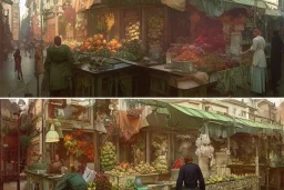 A greengrocer in colorful genoa street+alphonse mucha, greg rutkowski,matte painting, cryengine, hyper detailed, felix kelly, fantasy art, seb mckinnon