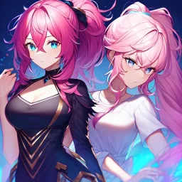 girl, masterpiece, best quality, volumetric lighting, detailed outfit, perfect eyes, pink hair, long hair, vibrant blue eyes, ponytail, messy hair, hair in between the eyes,