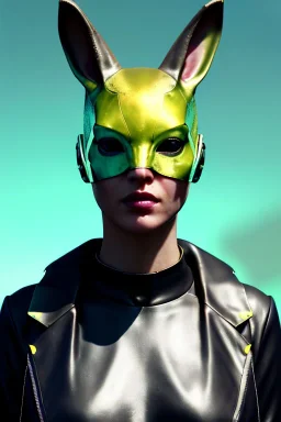 Medium Close Up Portrait, Front image. cyberpunk, rabbit mask, sweet woman, long hair. Latex suit army. white, yellow, color. Wolverine style. Color background, photo studio. Avatar image, highly detailed, concept art, smooth, unreal engine 5, ray tracing, RTX, lumen lighting, ultra detail, volumetric lighting, 3d, finely drawn, high definition, high resolution.