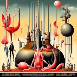 Surreal, Style by Yves Tanguy and Heironymus Bosch, Dante's third level of hell = GLUTTONY, gloop running through tubes, symbolic art, massively obese non-human, biomorphic deformity, Expressionism