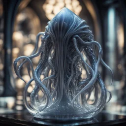 giger escher ogre illithid araknid sculpture in transparent murano glass,bokeh like f/0.8, tilt-shift lens 8k, high detail, smooth render, down-light, unreal engine,bokeh like f/0.8, tilt-shift lens 8k, high detail, smooth render, down-light, unreal engine