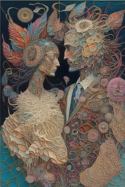 Surreal painting entitled "Indras Net" Surreal couple wearing intricately detailed quilling made from flowers, feathers, shells, gemstones, twine, pieces of colorful fabric, and leather; insanely detailed; intricate; award-winning; rose tones; beautiful; surrealism; Salvador Dali, Alex Pardee, Aaron Horkey