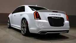 "A sleek white Chrysler 300 with custom LED headlights and smoked taillights, featuring a mesh grille in chrome with black accents. It has a subtle carbon fiber ducktail spoiler, sitting on 22” multi-spoke concave wheels in brushed silver. The suspension is lowered slightly for a more aggressive stance, while the body is painted a glossy black. The interior boasts custom leather upholstery with ambient lighting for a refined, luxurious look."