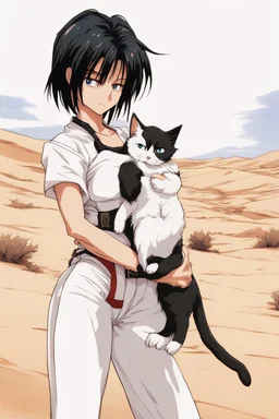 Meryl Stryfe Trigun young girl short black hair anime white clothes standing in the desert with a cat in her arms