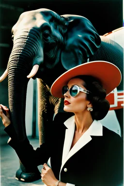 sixties, beautiful woman holding a piece of elephant art, Portra 400 film photo, analog inspiration, bubble, helmut newton, polaroid colors, realistic face, space age