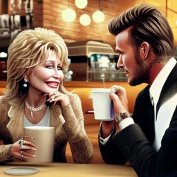 Dolly Parton and David Beckham chatting happily over coffee at Starbucks