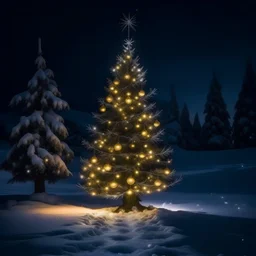 christmas tree with lights snow