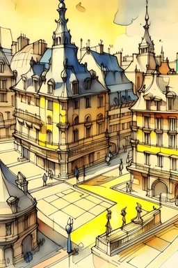 o schita de epoca a Place centrale din luxemburg, acuarelă și tuș in stil Jean-Baptiste Monge cu lumini si umbre, hasurata cu linii oblice , cu outlinii de contrast la culori ,cu mare acuratete si contrast, detalii complicate, premiat, colorat, calitate clară