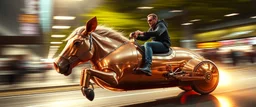 motion blur, airbrush art, elon musk riding an awesome spaceship in copper, fast one in the shape of a horsepig is half horse half pig, now its gonna do an awesome gig , bokeh like f/0.8, tilt-shift lens 8k, high detail, smooth render, down-light, unreal engine, prize winning