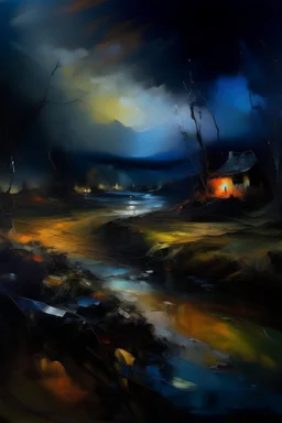 A melancholic and chaotic night landscape, oil painting