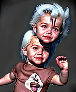 Pedro almodovar toddler, full body, white hair, dramatic lighting, hyper realistic