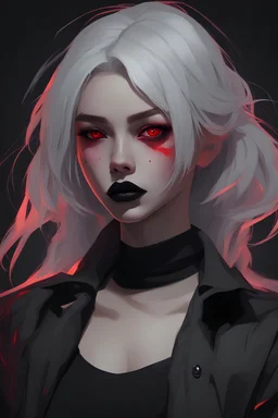 The style is an oil painting. Dark palette. A young girl. White hair. Neon hair. Red eyes. Black lipstick. Black makeup. Waist-high. Black shirt. An angry look.