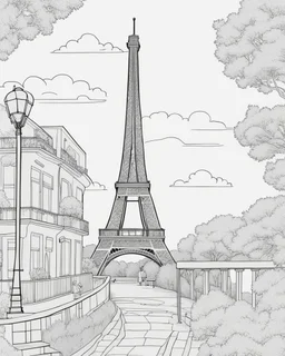 a coloring page, depicting the Eiffel tower in France, full page, black and white, line art, outline, highly defined, coloring book style