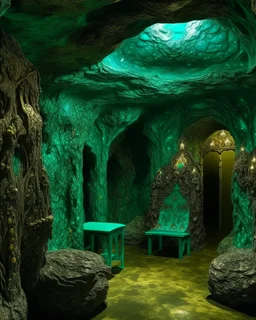 A bluish green cave with metallic crystals designed in Mehndi design painted by Vincent van Gogh