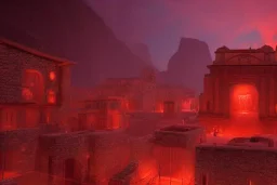 Incan architecture, city, red glow, atmospheric, realistic, unreal engine, cinematic lighting, octane render.