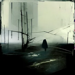 A abstract painting a by Justin Mortimer and Ashley Wood of a concrete decaying building in a Desolate mythical dark melancholy landscape with exposed wires. A lone figure wearing a adidas Parka