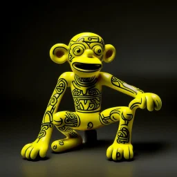 A yellow light elemental monkey designed in ancient Egyptian pottery painted by Keith Haring