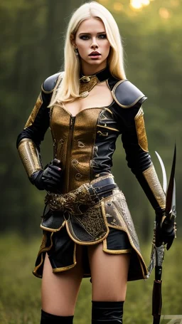 blonde female hunter wearing leather half armour dark fantasy Realistic 4k