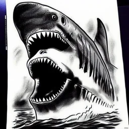 Dibujo de un Megalodon cerca de un submarinista con estilo de Rembrandt